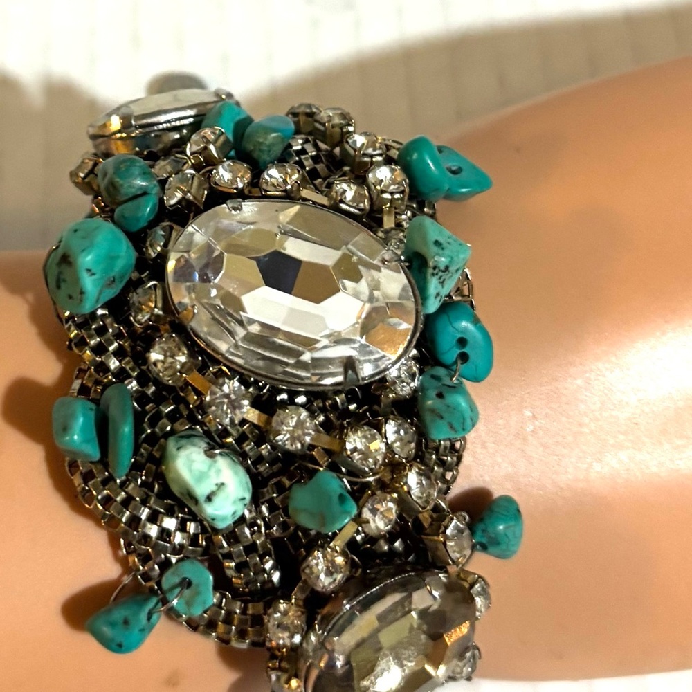 Vintage Turquoise & Crystal Bracelet - Blue and Clear Accents adjustable - Picture 2 of 3